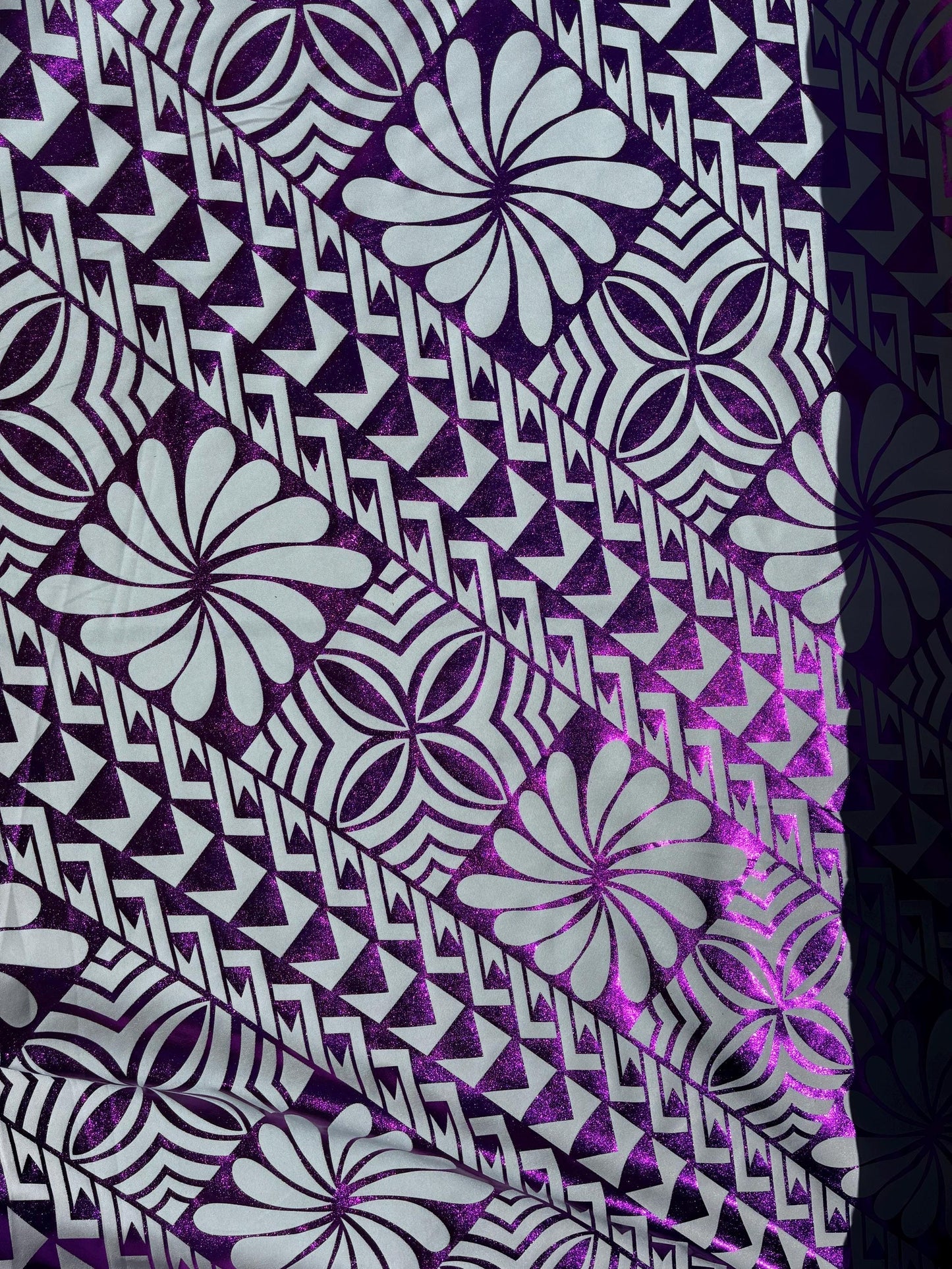Traditional Polynesian Samoan Tongan Hawaiian Tattoo Hologram Foil Fabric | 58" White & Purple Color Foil Fabric (Non-Stretch) | Gtex Fabrics