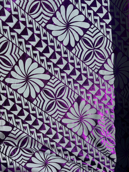 Traditional Polynesian Samoan Tongan Hawaiian Tattoo Hologram Foil Fabric | 58" White & Purple Color Foil Fabric (Non-Stretch) | Gtex Fabrics