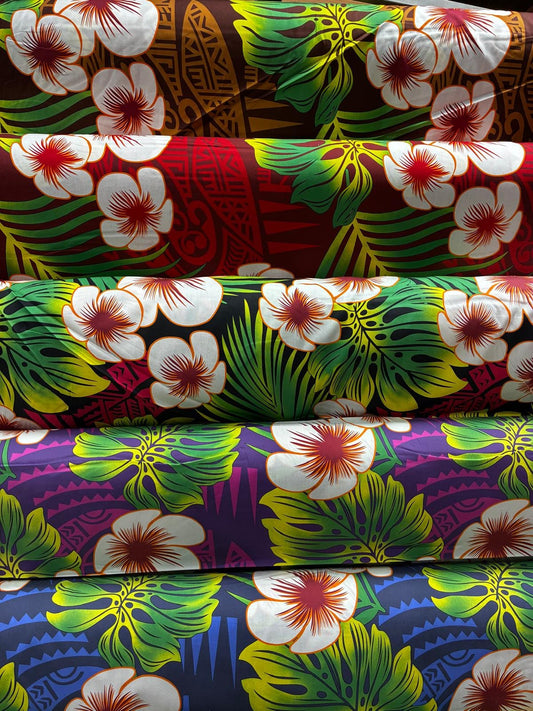 Polynesian Hibiscus & Monstera Fabric – 100% Cotton | 45" Wide | Tropical Island Print | Sold by Yard or Roll | Made in Thailand  | Gtex Fabrics