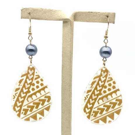 Polynesian Island Tribal Earring Set - Resin Embossed with Pearl - Design 103 | Gtex Fabrics