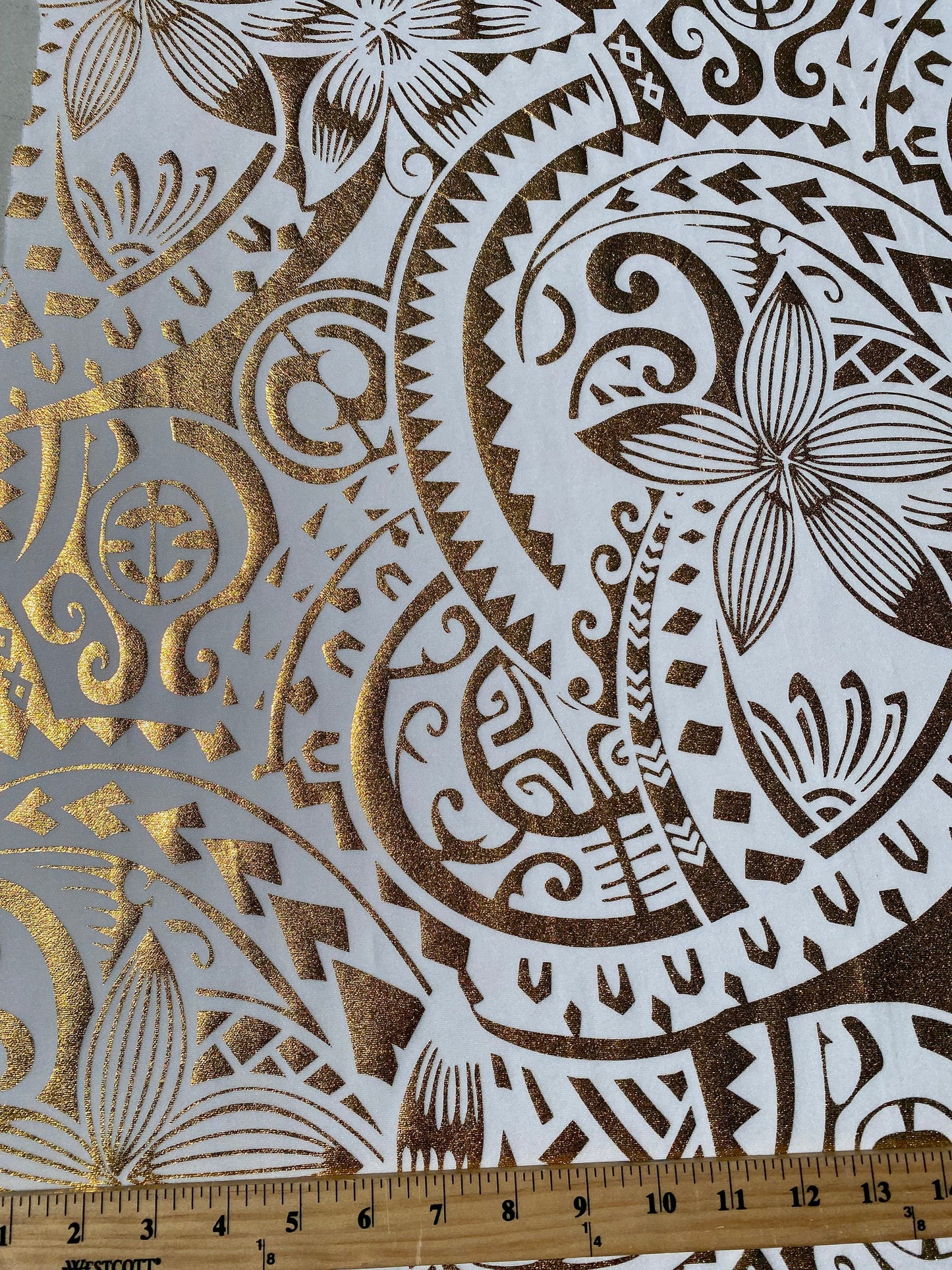 GTEX Collection- Exquisite Traditional Polynesian Tattoo Design | Foil Fabric - Stretch Scuba Fabric - 63" Luxury -Quality (White & Gold)   | Gtex Fabrics