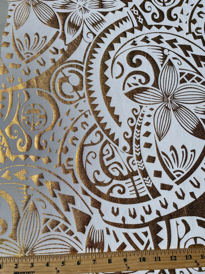 GTEX Collection- Exquisite Traditional Polynesian Tattoo Design | Foil Fabric - Stretch Scuba Fabric - 63" Luxury -Quality (White & Gold)   | Gtex Fabrics