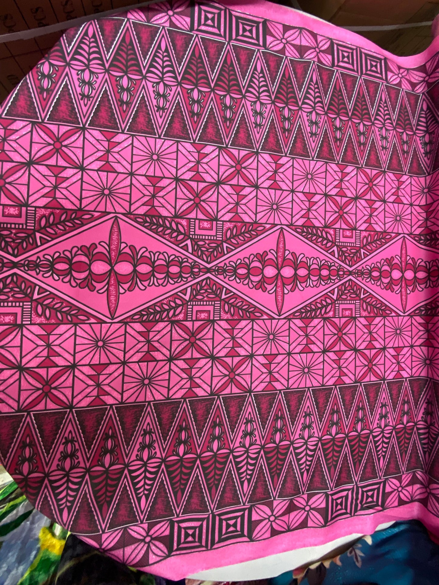 Polynesian Tongan Print, Tribal, Block Print, Polyester Fabric 45" - HD Design Island Fabric | POLY111 Pink
