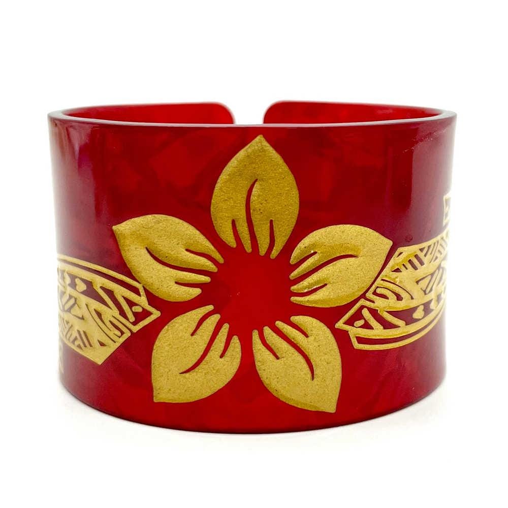 New Plumeria Floral Carved Acrylic Cuff Bracelets Bangles – Polynesian Island Tribal Jewelry – 2.75″ Diameter x 2″ Width | Gtex Fabrics