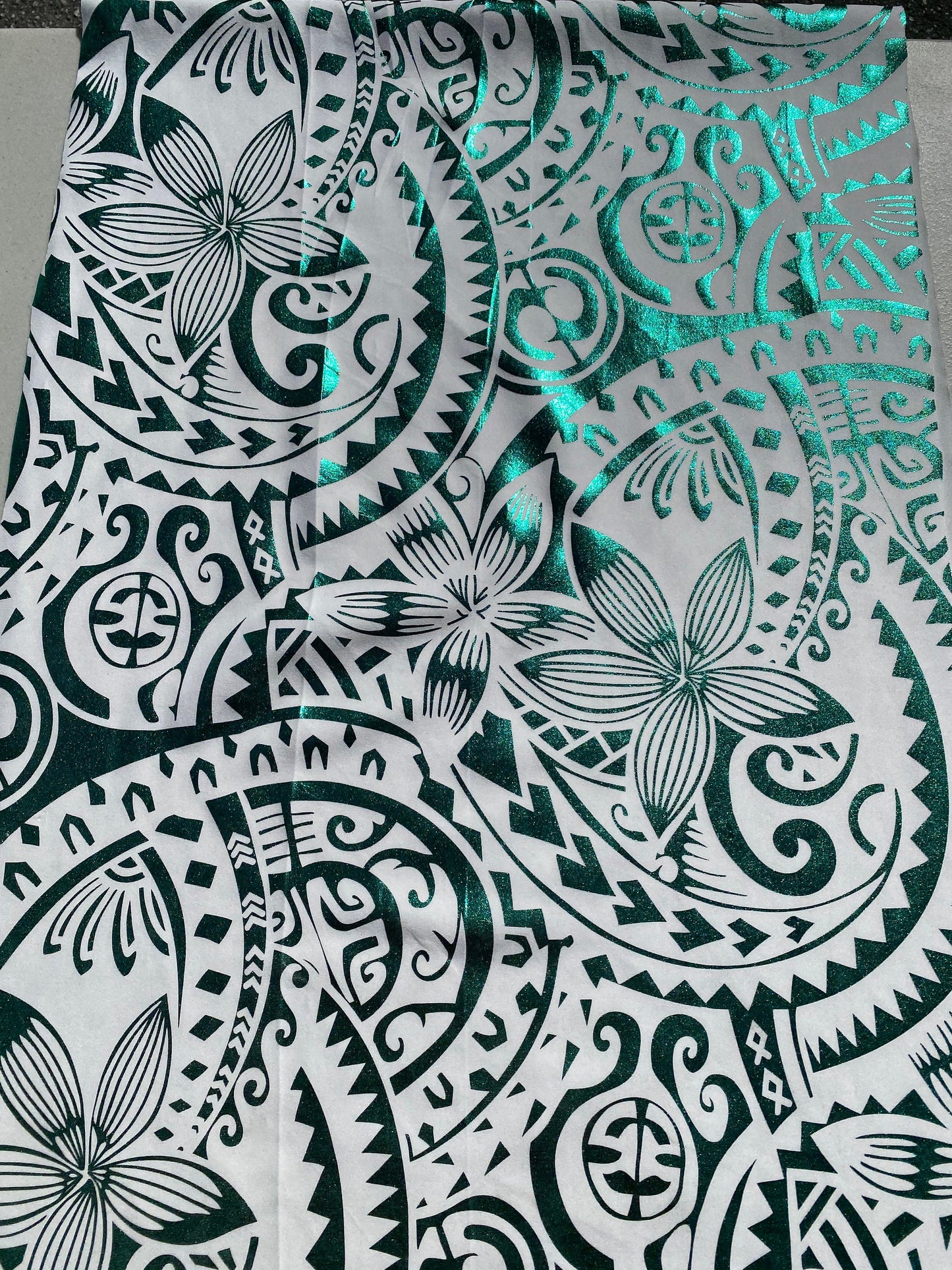 GTEX Collection- Exquisite Traditional Polynesian Tattoo Design | Foil Fabric - Stretch Scuba Fabric - 63" Luxury -Quality (White & Green)  | Gtex Fabrics
