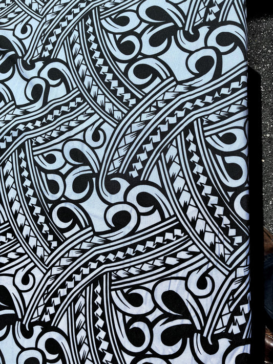 Island Fabric - Polynesian Tribal Fabric – 100% Polyester MiniMatt – Made in New Zealand 60” Wide (Silver and Black)  | Gtex Fabrics