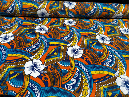 Polynesian Tribal Hibiscus Fusion – 45” Wide | Lightweight Soft Poly Cotton Feel | Sold by Yard or Roll | Island Design | Wholesale | Gtex Fabrics