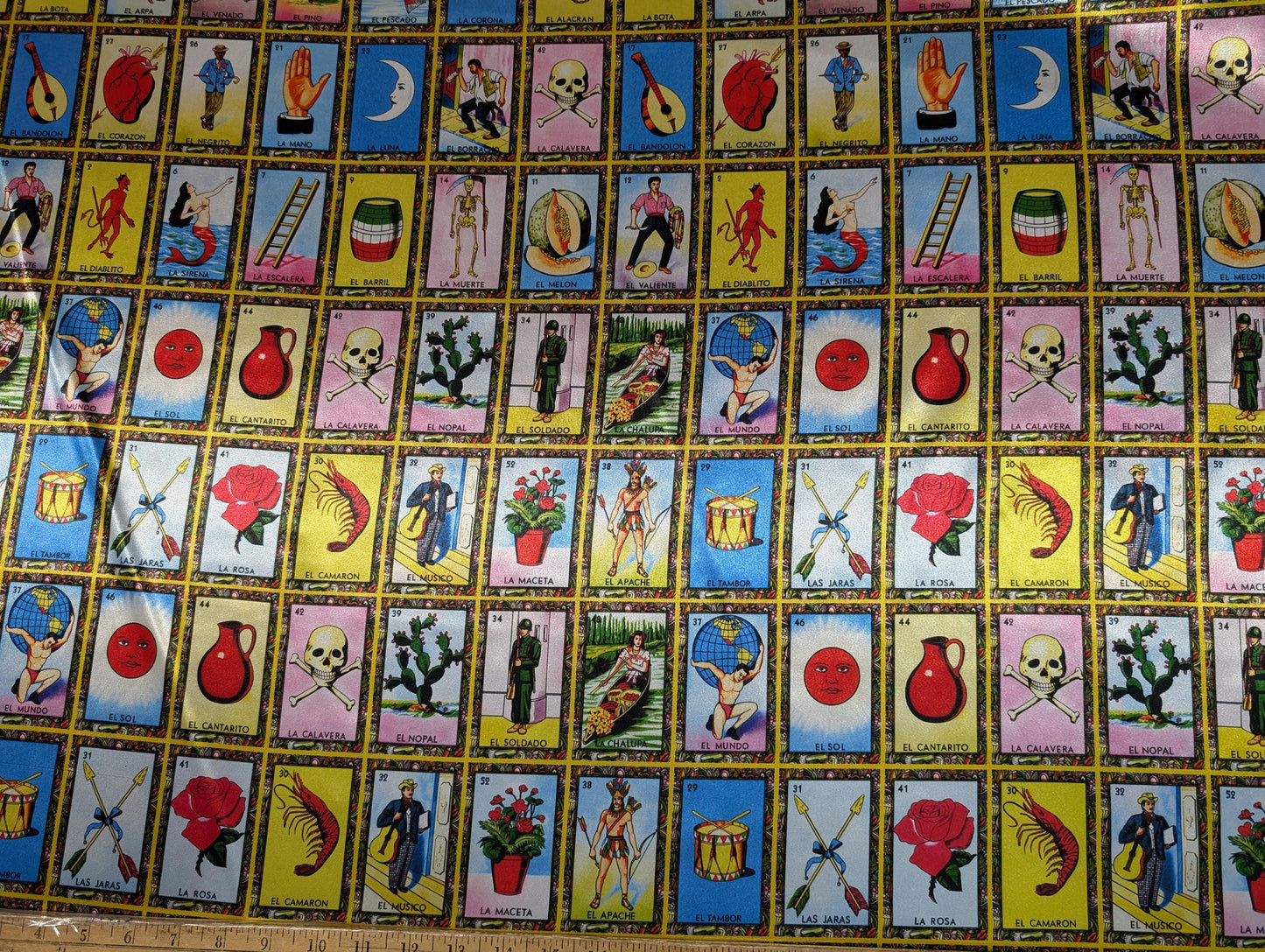 Loteria Mexican Fabric - Mexican Board Game Heavy Satin, 60" Wide by the Yard for Tablecloths, Apparel, & Crafts  | Gtex Fabrics