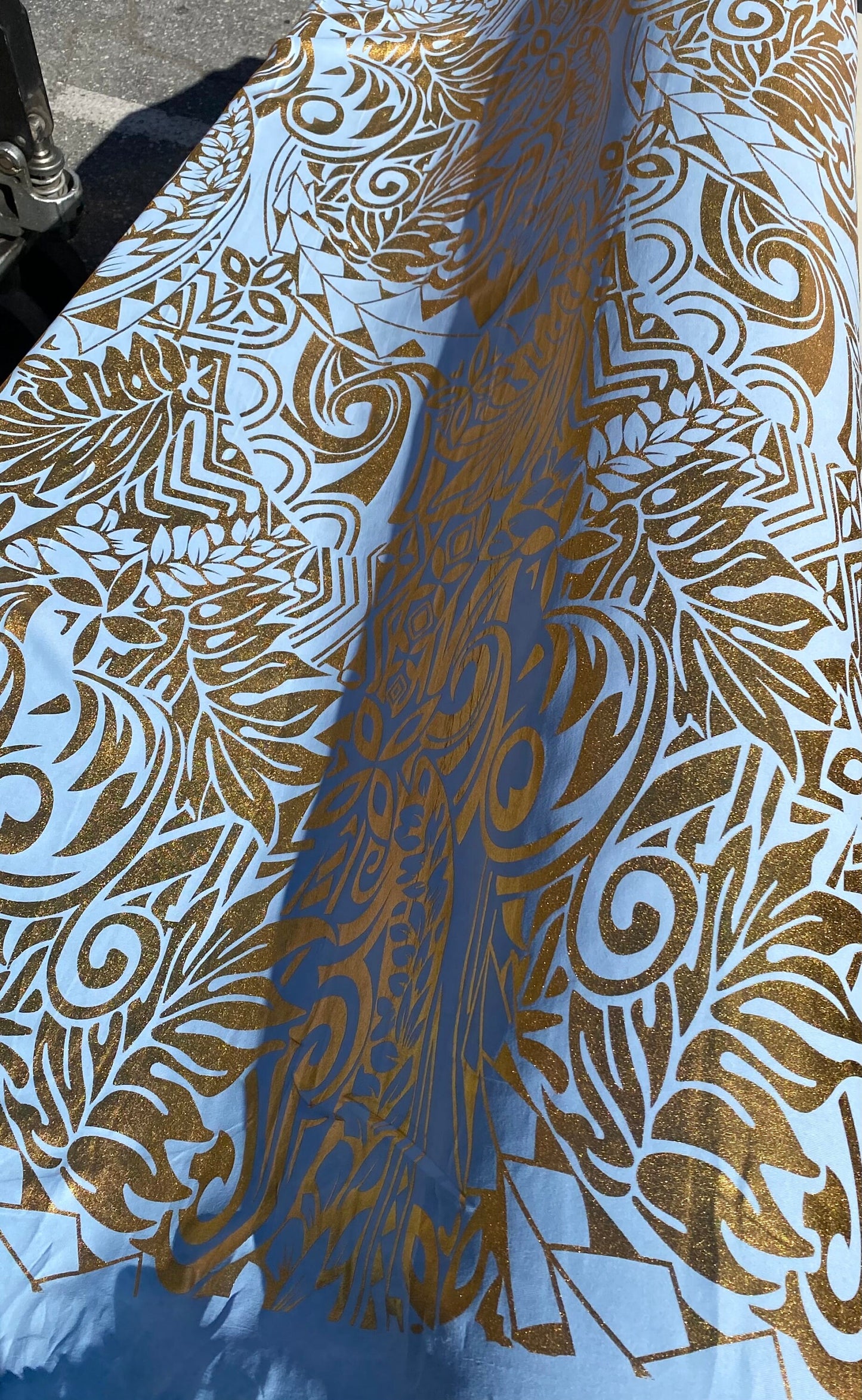 GTEX Collection- Exquisite Traditional Polynesian Tattoo Design | Foil Fabric - Stretch Scuba Fabric - 63" Luxury -Quality -Baby Blue & Gold | Gtex Fabrics