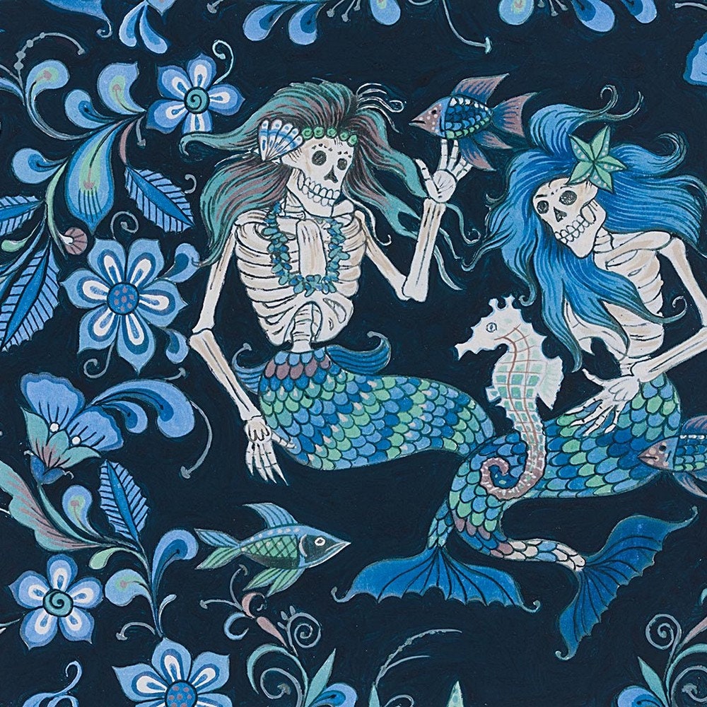 Alexander Henry Folklorico Esqueletos Del Mar - Day Of The Dead Skeleton Mermaids 100% Cotton Algodon tela material By The Yard | Gtex Fabrics
