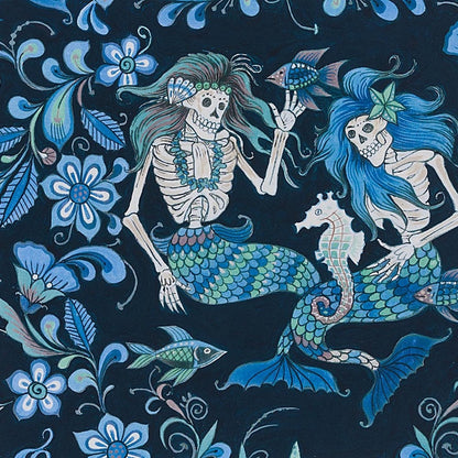 Alexander Henry Folklorico Esqueletos Del Mar - Day Of The Dead Skeleton Mermaids 100% Cotton Algodon tela material By The Yard | Gtex Fabrics