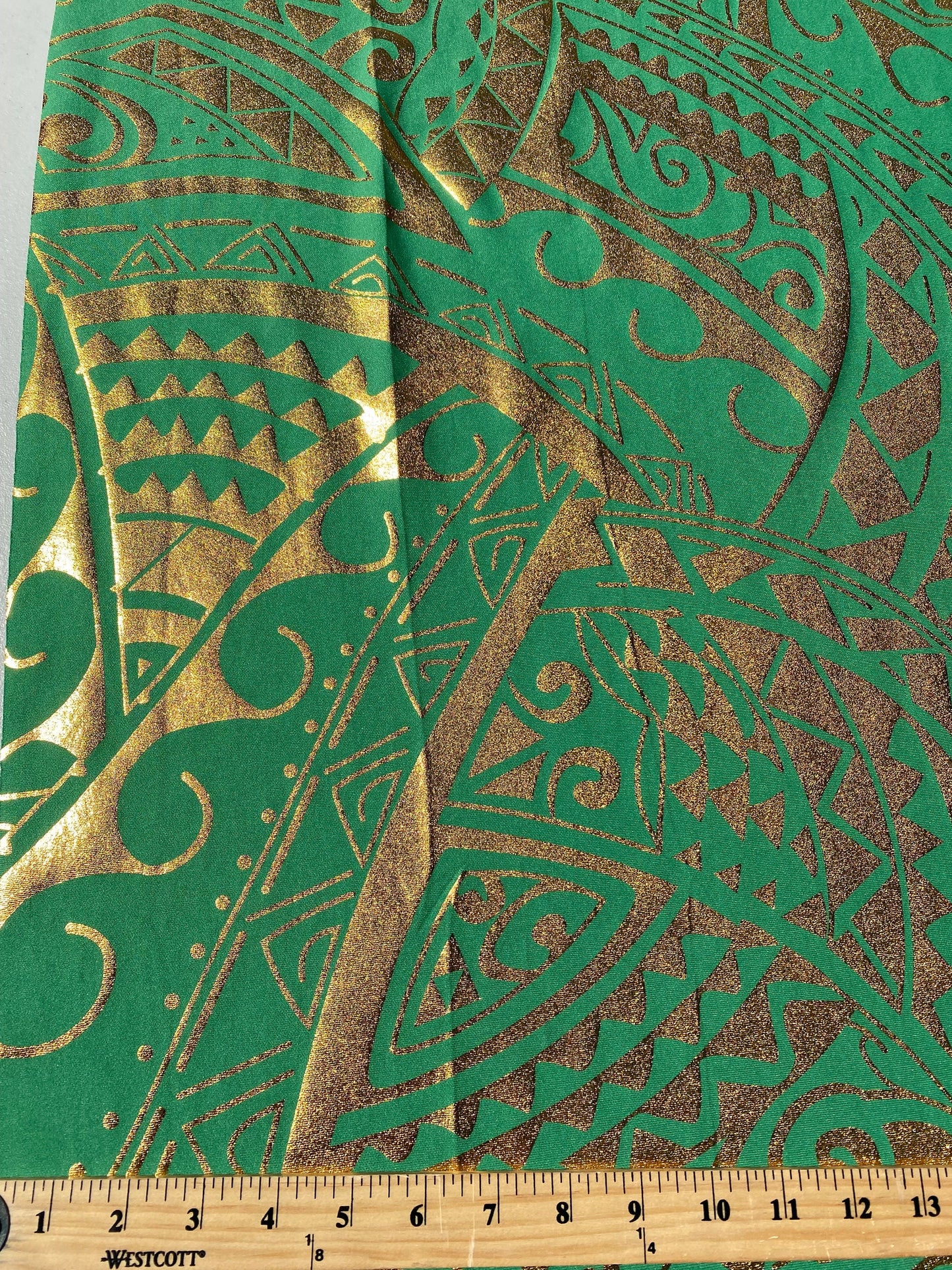 Exquisite Traditional Polynesian Tattoo Design | Foil Fabric - Stretch Scuba Fabric - 63" Luxury -Quality (Green & Gold) | Gtex Fabrics