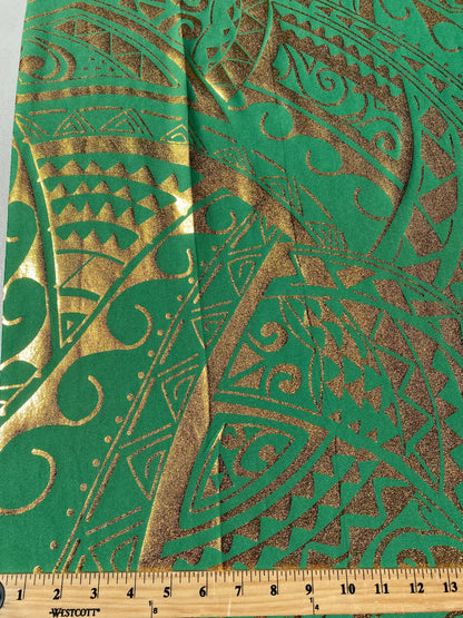 Exquisite Traditional Polynesian Tattoo Design | Foil Fabric - Stretch Scuba Fabric - 63" Luxury -Quality (Green & Gold) | Gtex Fabrics