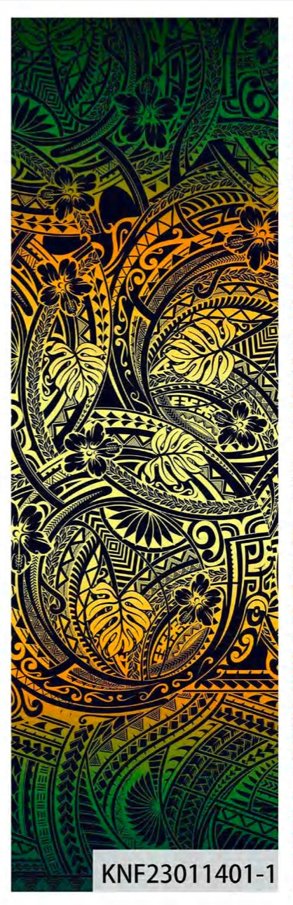 Hula Dreams: Polynesian Print Fabric with Plumeria Floral and Tribal Tattoo Design on Peach Skin - 58" Wide - Island Fabric - By The Yard  | Gtex Fabrics