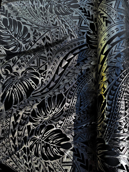 Traditional Polynesian Samoan Tongan Hawaiian Tattoo Hologram Foil Fabric | 58" Black & Lt. Gold Color Foil Fabric (Non-Stretch) | Gtex Fabrics