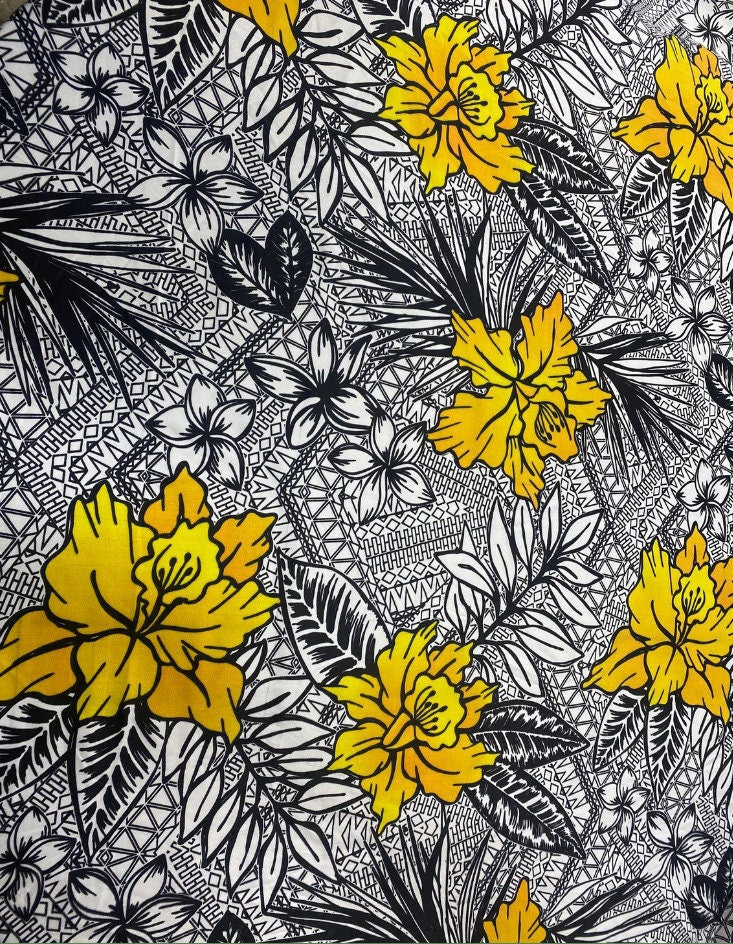 Hawaiian Print Luau Floral Tribal Tattoo Design Polyester Fabric 60” Sold By The Yard   | Gtex Fabrics