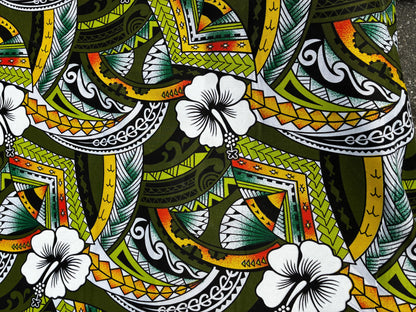 Polynesian Tribal Hibiscus Fusion – 45” Wide | Lightweight Soft Poly Cotton Feel | Sold by Yard or Roll | Island Design | Wholesale | Gtex Fabrics