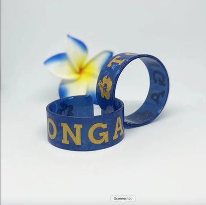 Tonga Bracelet, Bangle, Jewelry, Acrylic Resin Tortoise Shell Material With Hibiscus Flowers, Engraved Letters, Polynesian Design | Gtex Fabrics