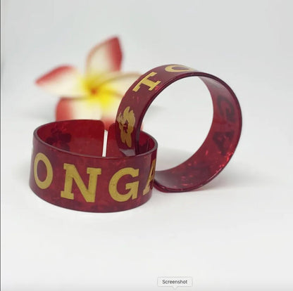 Tonga Bracelet, Bangle, Jewelry, Acrylic Resin Tortoise Shell Material With Hibiscus Flowers, Engraved Letters, Polynesian Design | Gtex Fabrics
