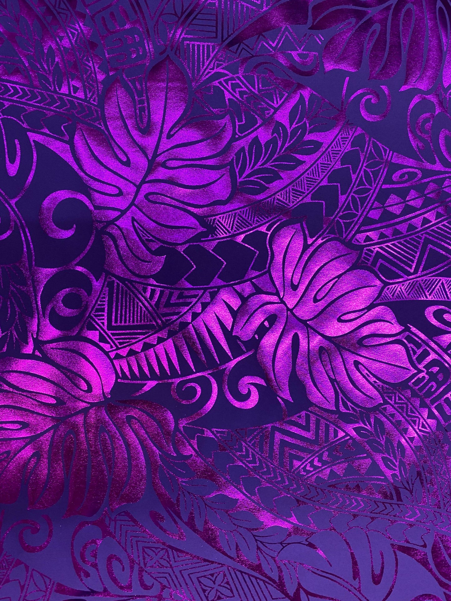 GTEX Collection- Exquisite Traditional Polynesian Samoan Tongan Hawaiian Tattoo Design & Monstera Leaf Hologram Foil Fabric (Non Stretch)  | Gtex Fabrics