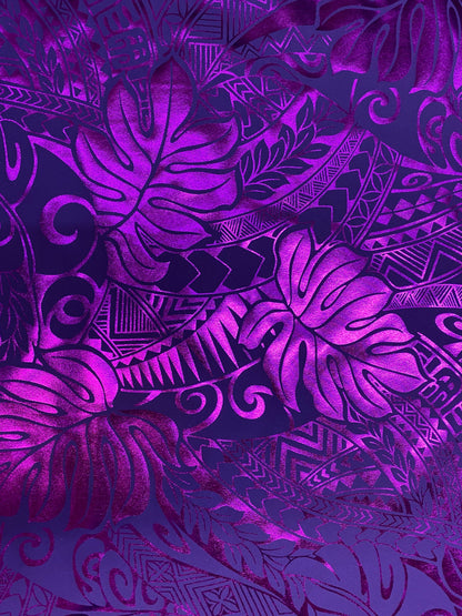 GTEX Collection- Exquisite Traditional Polynesian Samoan Tongan Hawaiian Tattoo Design & Monstera Leaf Hologram Foil Fabric (Non Stretch)  | Gtex Fabrics