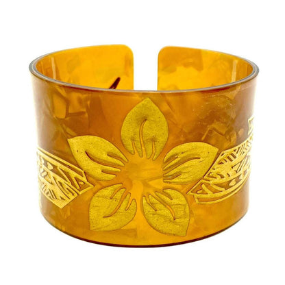 New Plumeria Floral Carved Acrylic Cuff Bracelets Bangles – Polynesian Island Tribal Jewelry – 2.75″ Diameter x 2″ Width | Gtex Fabrics