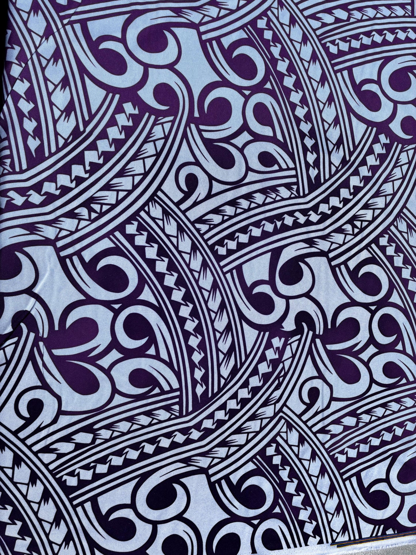 Island Fabric - Polynesian Tribal Fabric – 100% Polyester MiniMatt – Made in New Zealand 60” Wide (White and Purple)  | Gtex Fabrics