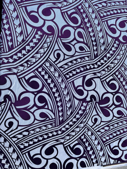 Island Fabric - Polynesian Tribal Fabric – 100% Polyester MiniMatt – Made in New Zealand 60” Wide (White and Purple)  | Gtex Fabrics
