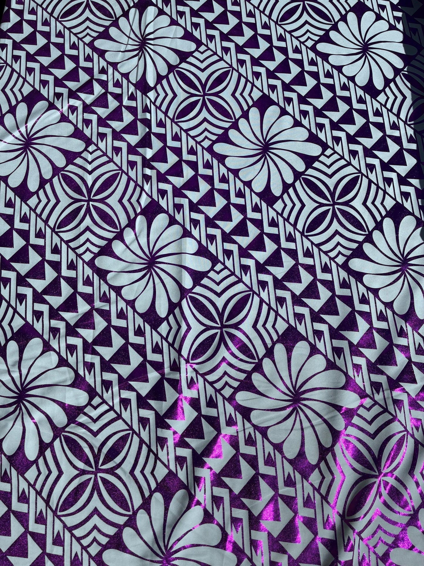 Traditional Polynesian Samoan Tongan Hawaiian Tattoo Hologram Foil Fabric | 58" White & Purple Color Foil Fabric (Non-Stretch) | Gtex Fabrics