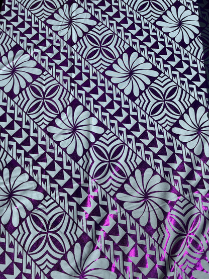 Traditional Polynesian Samoan Tongan Hawaiian Tattoo Hologram Foil Fabric | 58" White & Purple Color Foil Fabric (Non-Stretch) | Gtex Fabrics