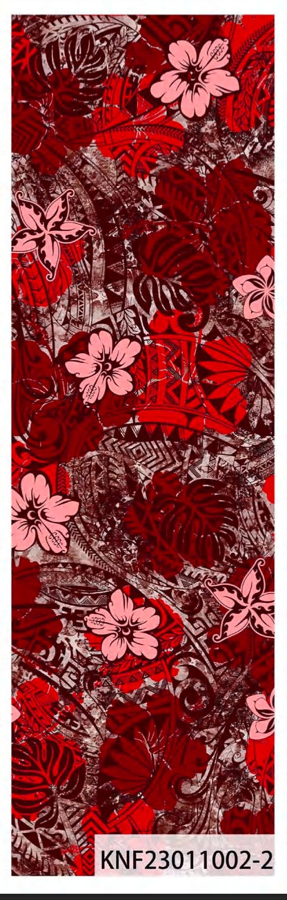 Island Elegance: Hawaiian Printed Fabric with Plumeria Flowers, Monstera Leaf, and Mixed Tribal Design on Peach Skin Fabric (58" Wide | Gtex Fabrics)