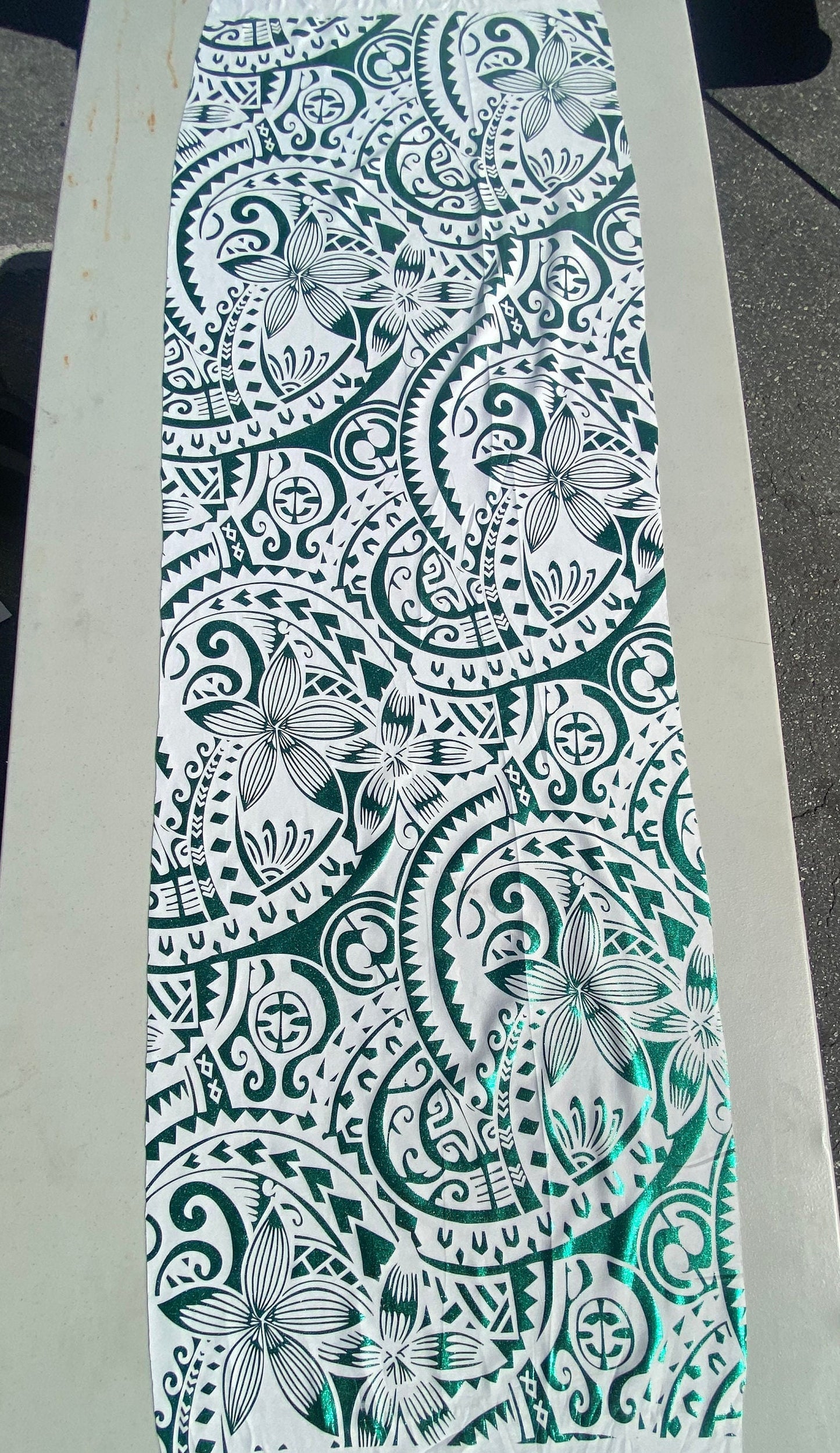 GTEX Collection- Exquisite Traditional Polynesian Tattoo Design | Foil Fabric - Stretch Scuba Fabric - 63" Luxury -Quality (White & Green)  | Gtex Fabrics