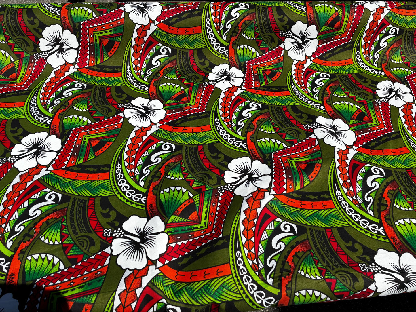 Polynesian Tribal Hibiscus Fusion – 45” Wide | Lightweight Soft Poly Cotton Feel | Sold by Yard or Roll | Island Design | Wholesale | Gtex Fabrics