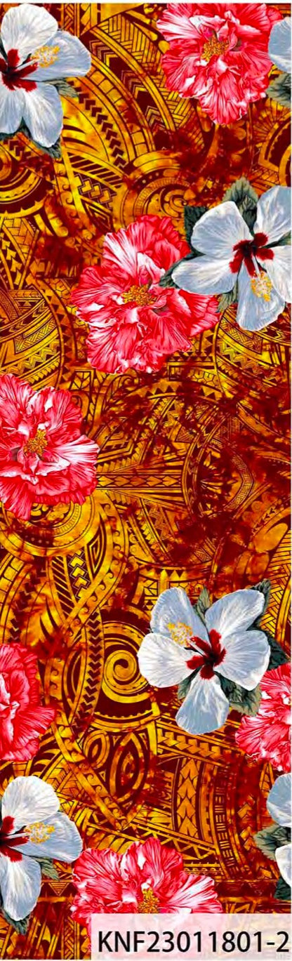 GTEX Collection: Polynesian Print Fabric with Plumeria Floral and Tribal Tattoo Design on Peach Skin -58" Wide - Island Fabric - By The Yard | Gtex Fabrics
