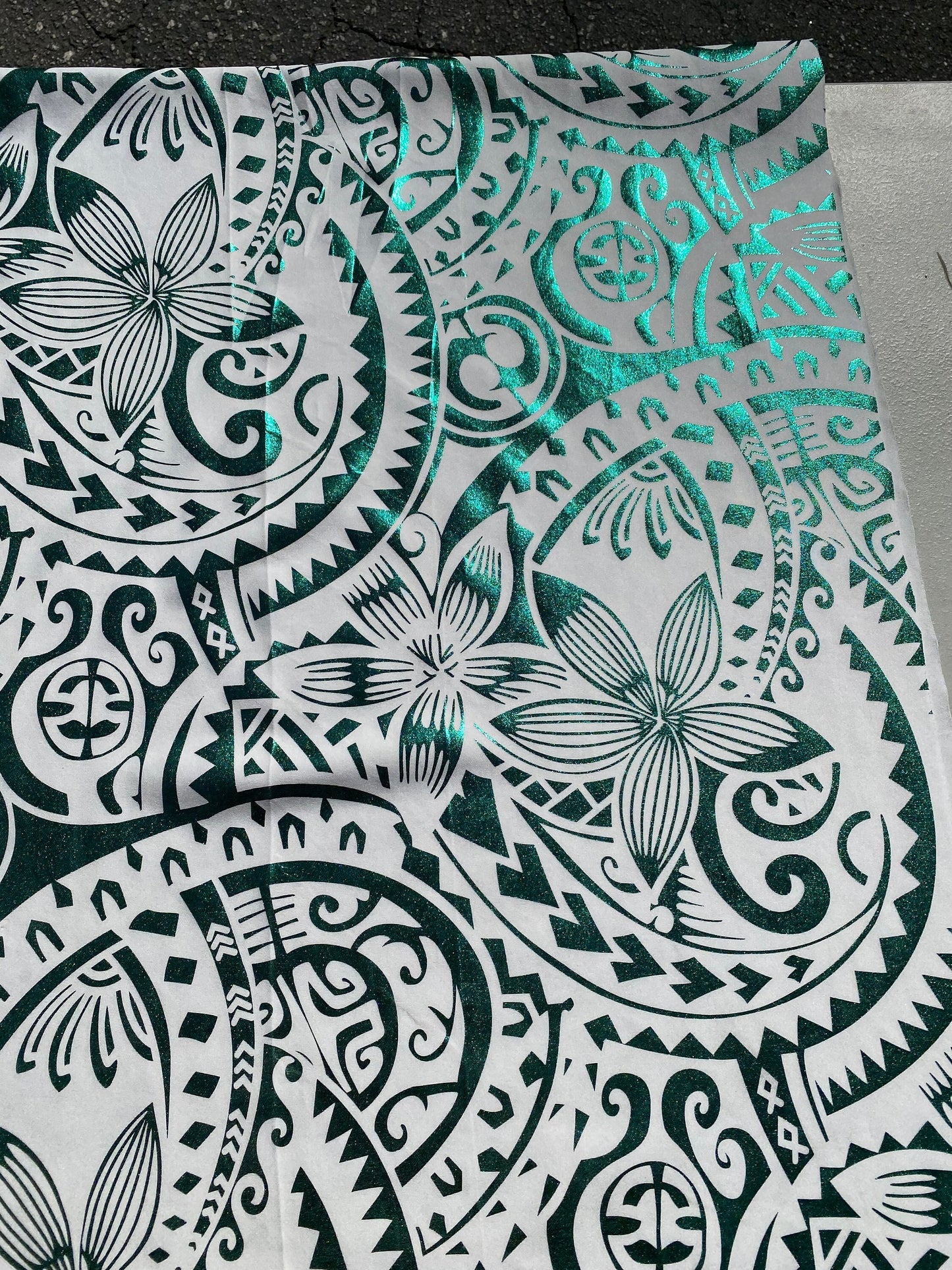 GTEX Collection- Exquisite Traditional Polynesian Tattoo Design | Foil Fabric - Stretch Scuba Fabric - 63" Luxury -Quality (White & Green)  | Gtex Fabrics