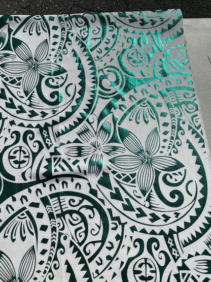 GTEX Collection- Exquisite Traditional Polynesian Tattoo Design | Foil Fabric - Stretch Scuba Fabric - 63" Luxury -Quality (White & Green)  | Gtex Fabrics