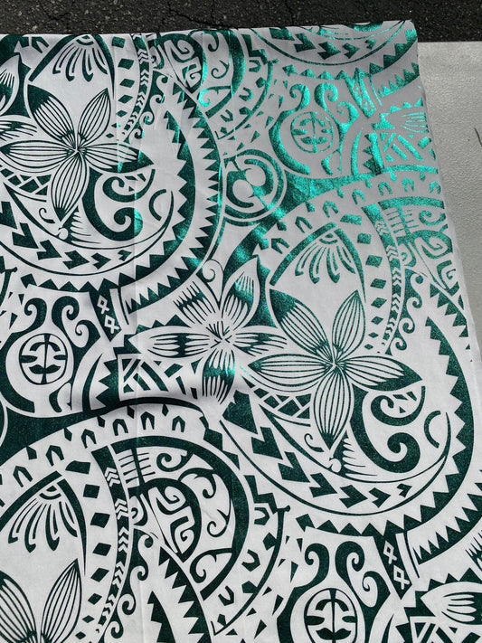 GTEX Collection- Exquisite Traditional Polynesian Tattoo Design | Foil Fabric - Stretch Scuba Fabric - 63" Luxury -Quality (White & Green)  | Gtex Fabrics