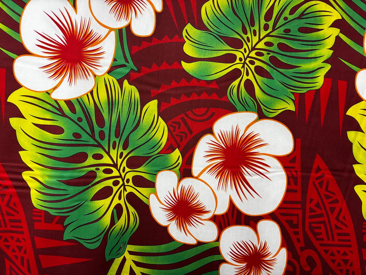 Polynesian Hibiscus & Monstera Fabric – 100% Cotton | 45" Wide | Tropical Island Print | Sold by Yard or Roll | Made in Thailand  | Gtex Fabrics