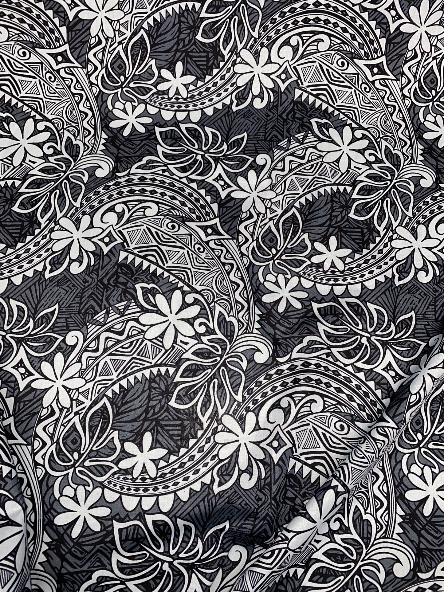 Polynesian Fabric - Tribal Tattoo Design with Floral - Island Fbric - Sold by the Yard - 100% Cotton Fabric 45" - New Design | GTEX FABRICS