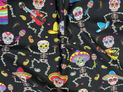 Mexican Heritage Sugar Skull Dancing Day Of The Dead 100% Cotton Algodon tela material By The Yard | Gtex Fabrics