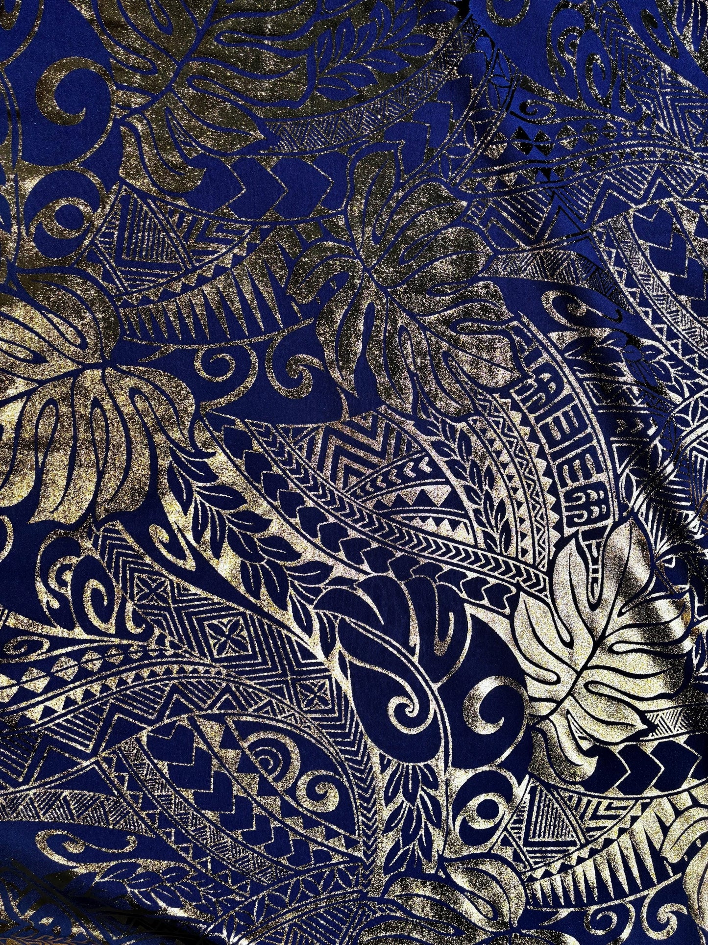 Traditional Polynesian Samoan Tongan Hawaiian Tattoo Hologram Foil Fabric | 58" Blue & Gold Color Foil Fabric (Non-Stretch) | Gtex Fabrics