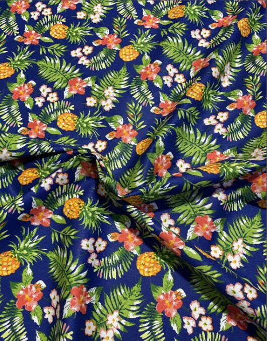 Hawaiian Print Luau Floral Pineapple Toss 100% Cotton Fabric 45" Island Print Sold By The Yard or Choose Length   | Gtex Fabrics