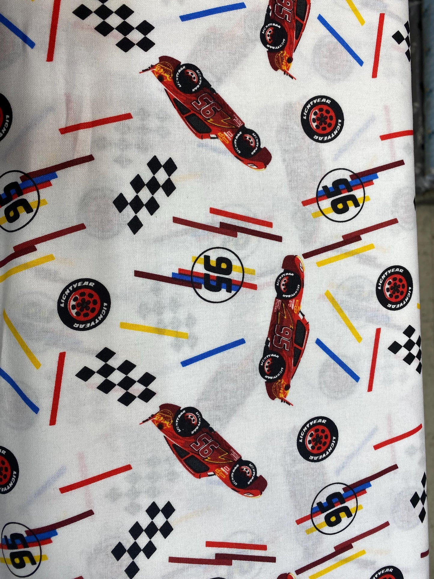 Disney Cars Fabric - Lightning McQueen Tires Toss - 100% Cotton - 43” Wide - Sold by the Yard - Kids Quilting & Crafts Material  | Gtex Fabrics