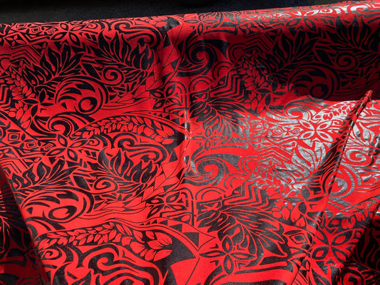 GTEX Collection- Exquisite Traditional Polynesian Tattoo Design | Foil Fabric - Stretch Scuba Fabric - 63" Luxury -Quality (Red & Black) | Gtex Fabrics