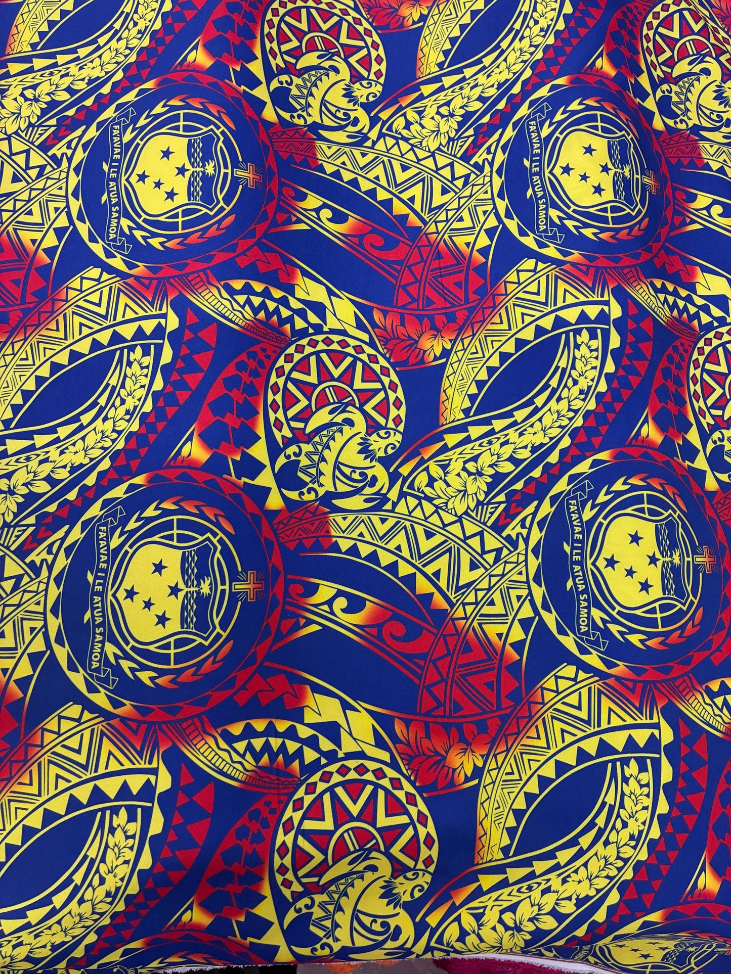 West Samoan Tribal Print Fabric - Polynesian Design - Peach Skin Fabric- by the Yard 58" Wide - Seal Of Western Samoa  | Gtex Fabrics