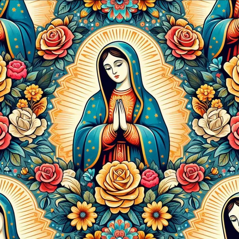 High Quality Mini Matt Fabric, Catholic Fabric, Lady Guadalupe Fabric, Church Fabric Material, Hispanic Religious Fabric by The Yard.  | Gtex Fabrics