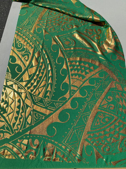 Exquisite Traditional Polynesian Tattoo Design | Foil Fabric - Stretch Scuba Fabric - 63" Luxury -Quality (Green & Gold) | Gtex Fabrics