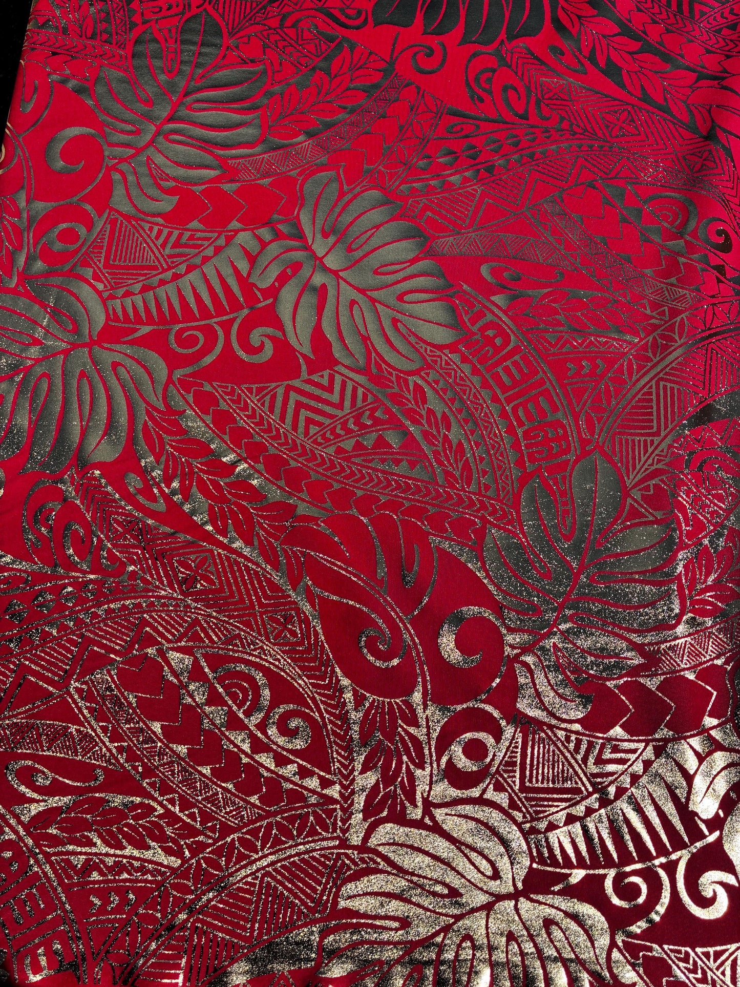 Traditional Polynesian Samoan Tongan Hawaiian Tattoo Hologram Foil Fabric | 58" Red & Gold Color Foil Fabric (Non-Stretch)  | Gtex Fabrics