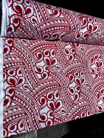 Island Fabric - Polynesian Tribal Fabric – 100% Polyester MiniMatt – Made in New Zealand 60” Wide (Red and White)  | Gtex Fabrics
