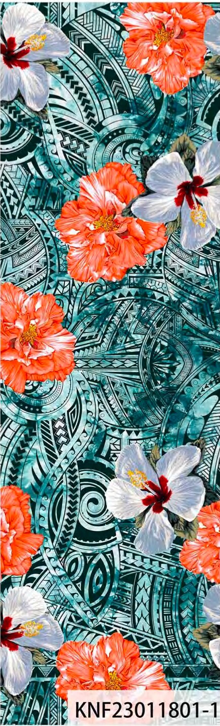 GTEX Collection: Polynesian Print Fabric with Plumeria Floral and Tribal Tattoo Design on Peach Skin -58" Wide - Island Fabric - By The Yard | Gtex Fabrics